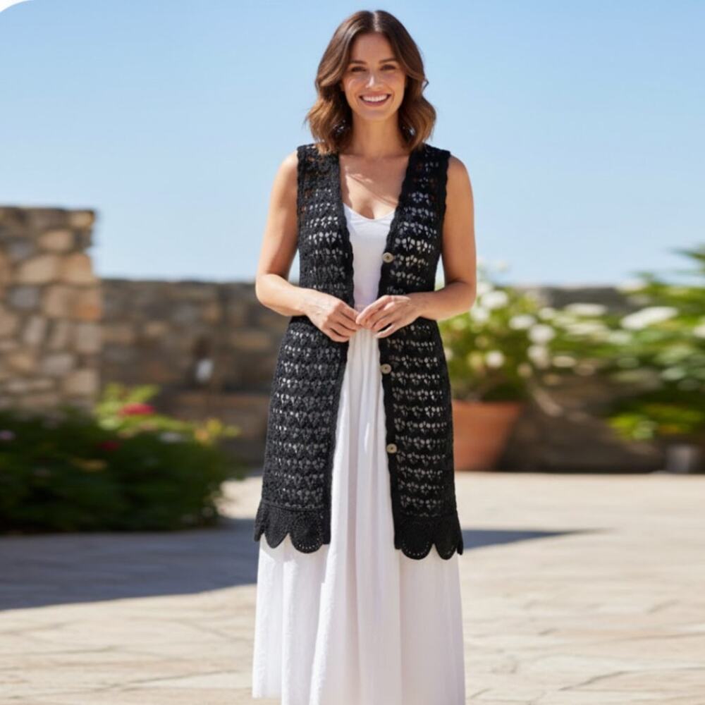 Vintage 80s Crochet Cardigan Black Bohemian Duster Knit Vest Lagenlook Festival